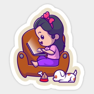 Cute Girl Operating Laptop With Puppy Cartoon Sticker